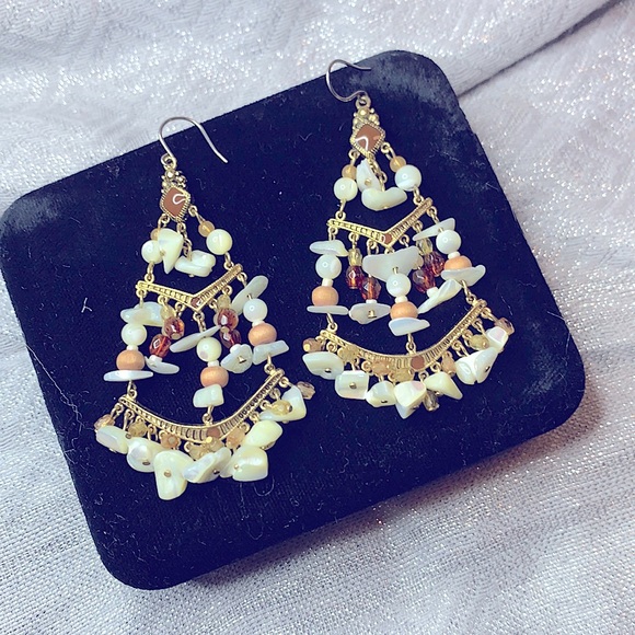 Beautiful Bohemian Goddess 3-Tiers Layered Bamboo Beads+Natural Pearl Earrings - Picture 1 of 15